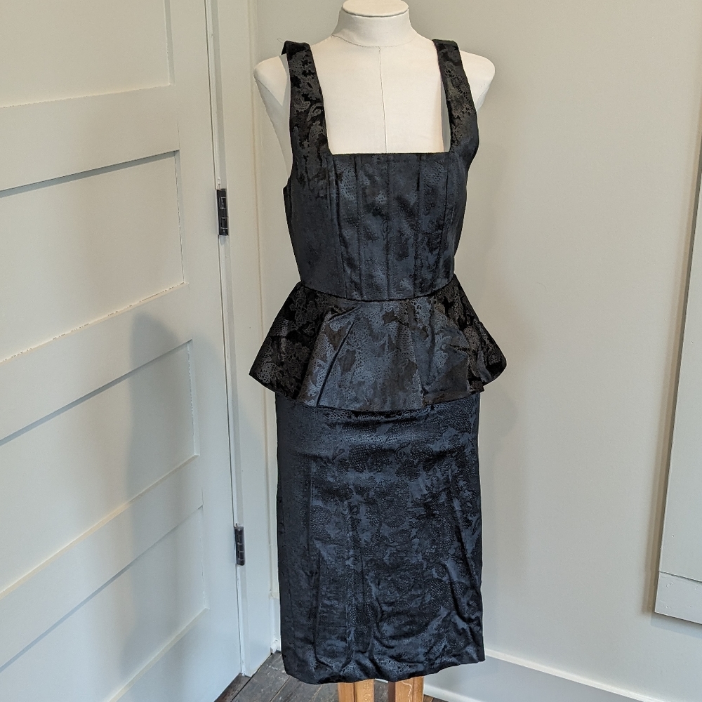Alice and Olivia Black Embossed Velvet Corset Front Peplum Midi Stretch Dress